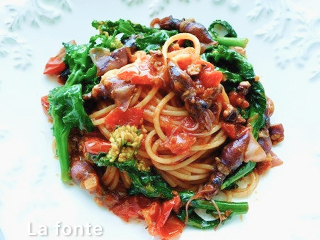 プリモピアット　ホタルイカと菜の花のフレッシュトマトのスパゲッティー